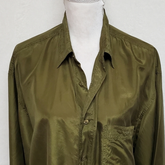 Vintage 90s IOU Silk Olive Oversized Button Up Hi-low Tunic Blouse Mini Dress M - Picture 5 of 13